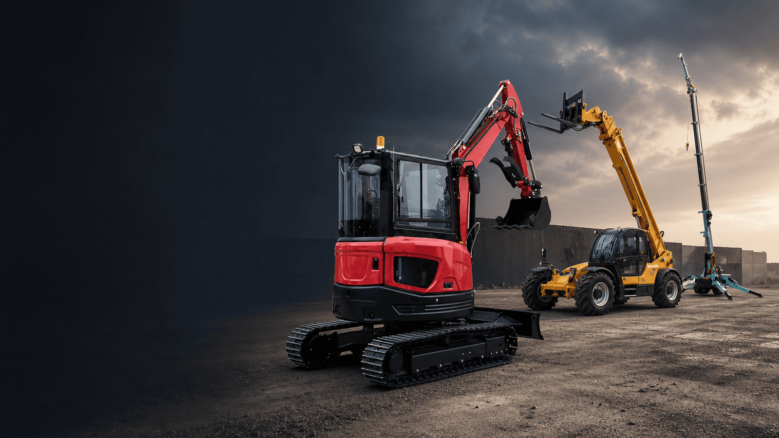 TerraAny compact machinery lineup -- mini excavator on a construction site at dusk