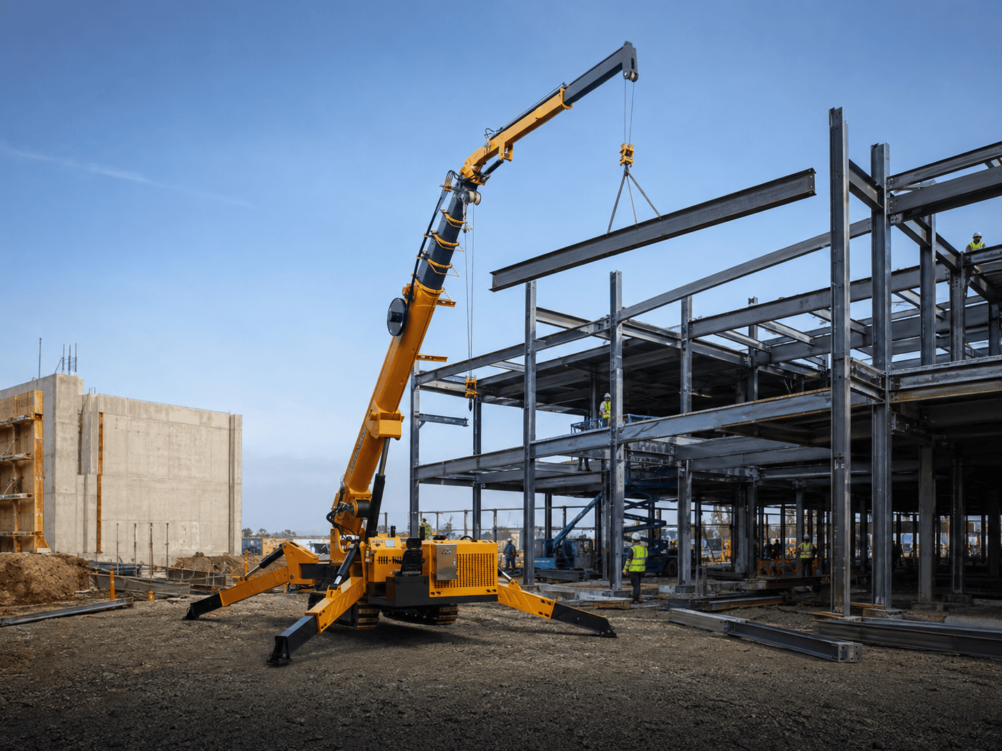Spider crane deployed inside a confined or narrow urban site