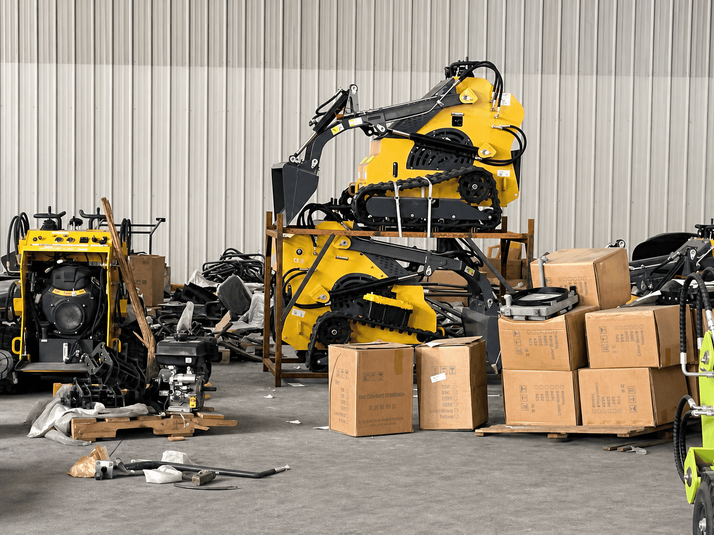 Spare parts kit for compact machinery warranty support -- components labelled and packaged for shipping