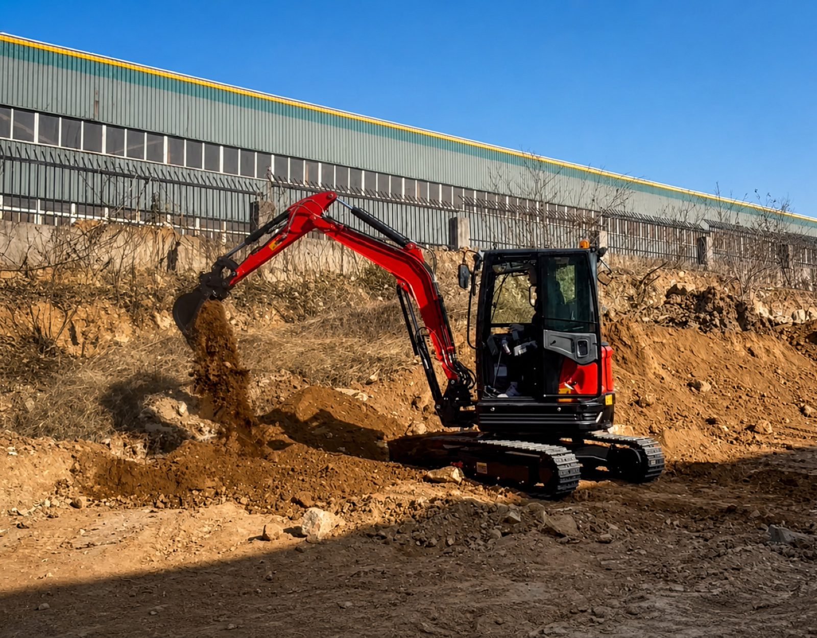 Mini Excavator application overview showing zero-tail swing, retractable undercarriage, auxiliary hydraulic attachment ports and cab configuration options
